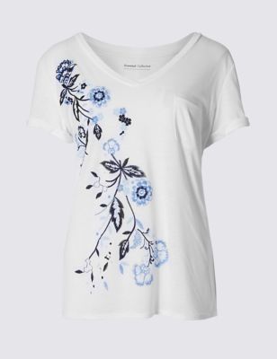 Loose Fit Floral Print T-Shirt with Linen